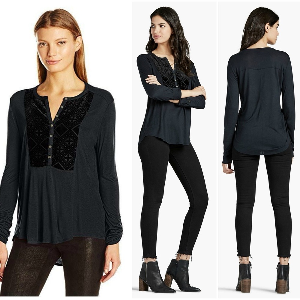 Lucky Brand Shirt Womens Black Velvet Bib Burnout Henley Long Sleeve size Small